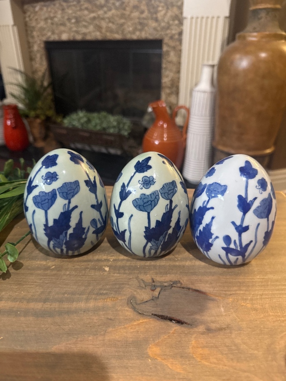 3 Vtg Eggs w/Flowers & Butterflies. 4” Cobalt Blue on Bluish White Background